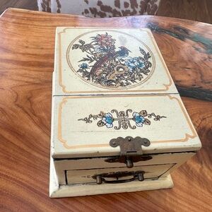Vintage Chinese Wooden Jewelry Box with Flip top mirror